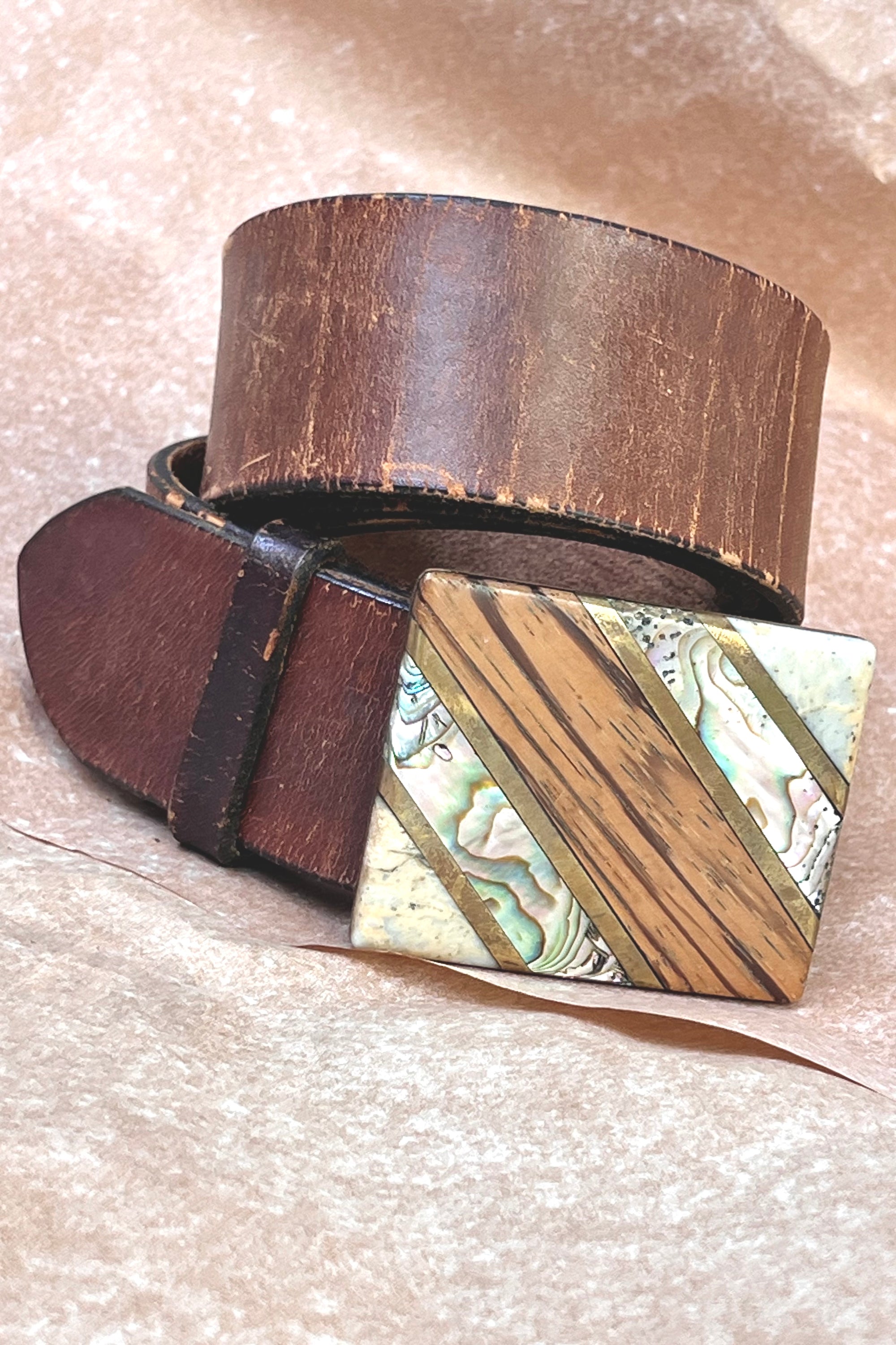 Vintage Brass Abalone Buckle and Leather Belt Selected by Anna Corinna