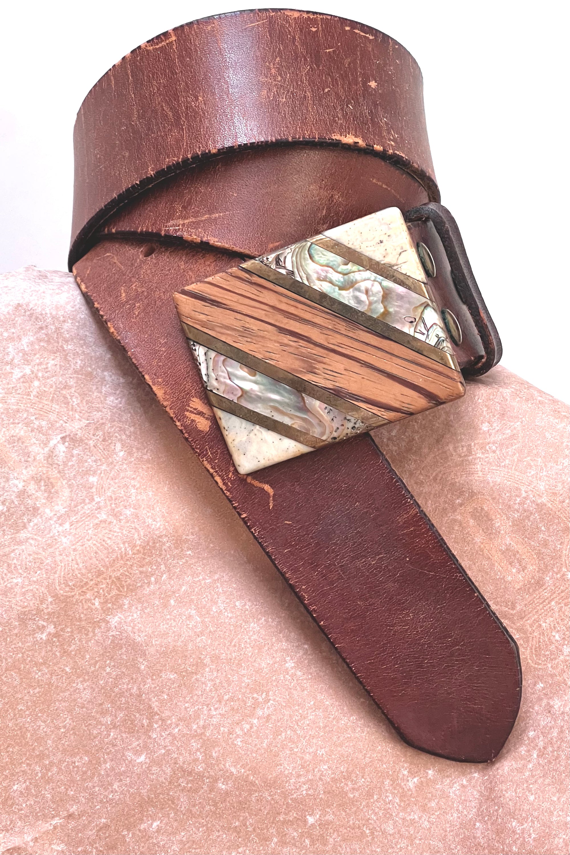 Vintage Brass Abalone Buckle and Leather Belt Selected by Anna Corinna