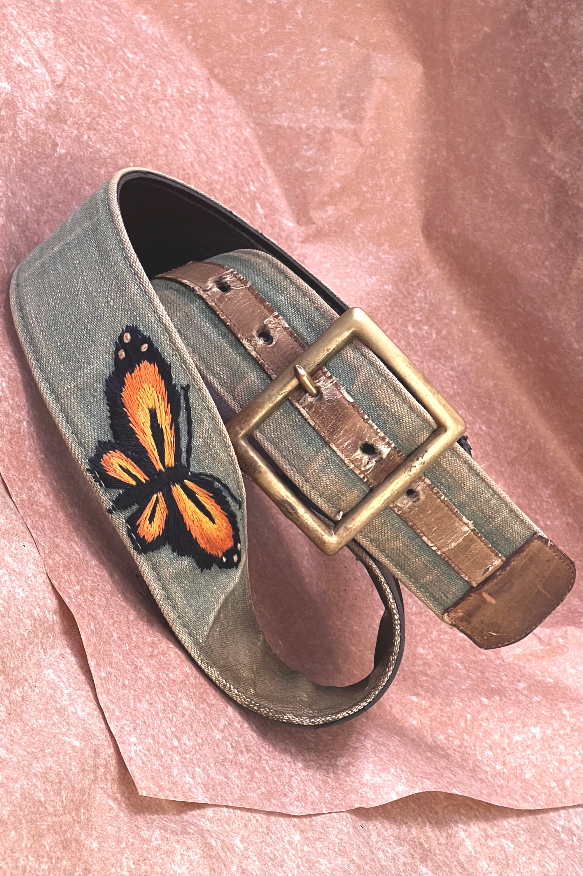 Vintage Brass Buckle and Embroidered Butterfly Denim Belt Selected by Anna Corinna