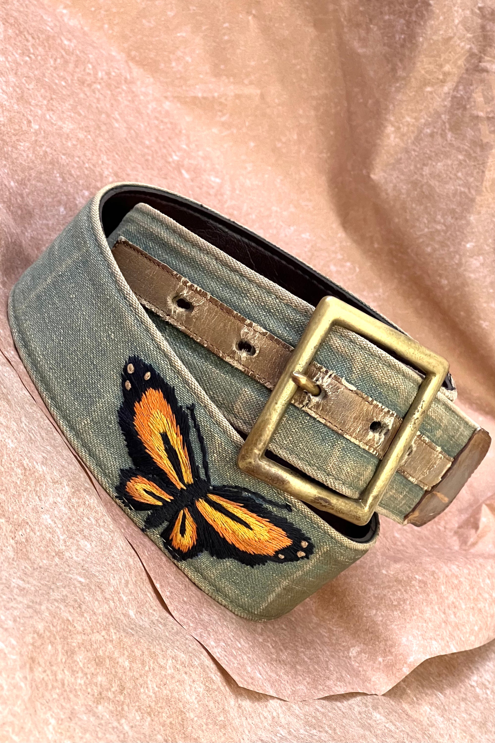 Vintage Brass Buckle and Embroidered Butterfly Denim Belt Selected by Anna Corinna