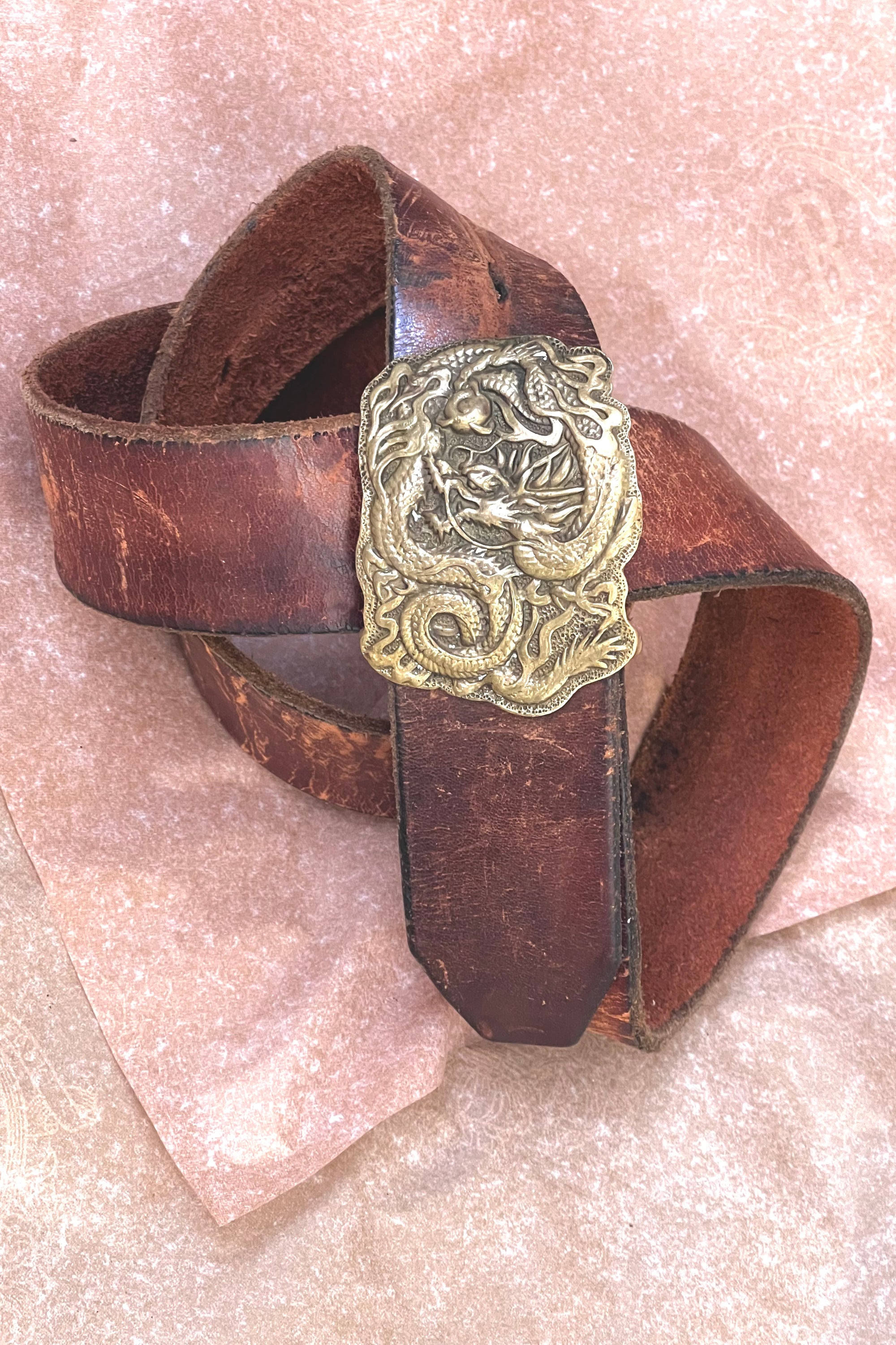 Vintage Brass Dragon Buckle and Leather Belt Selected by Anna Corinna