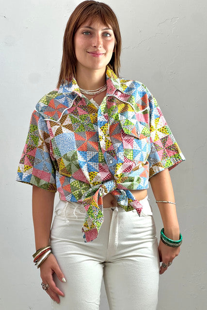 Calico Cotton 70s Patchwork Snap Up Vintage