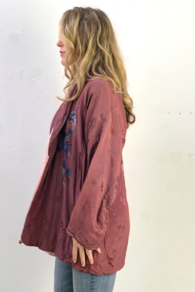 Souvenir Damask 1950s Hand Embroidered Dragon Japanese Smoking Jacket Vintage