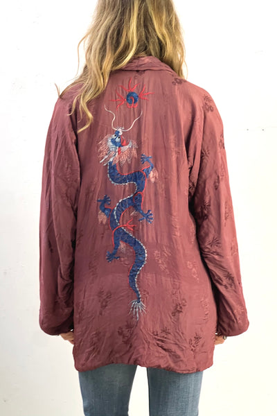 Souvenir Damask 1950s Hand Embroidered Dragon Japanese Smoking Jacket Vintage