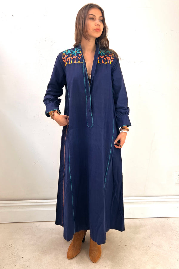 Vintage Hand Embroidered Navy Maxi Dress, Cotton
