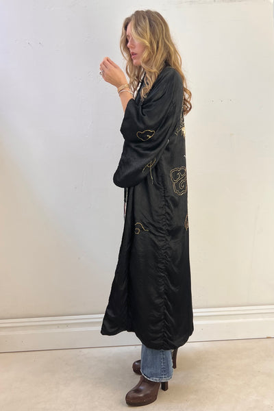 Kimono Silk 1950s Hand Embroidered Golden Dragon Vintage