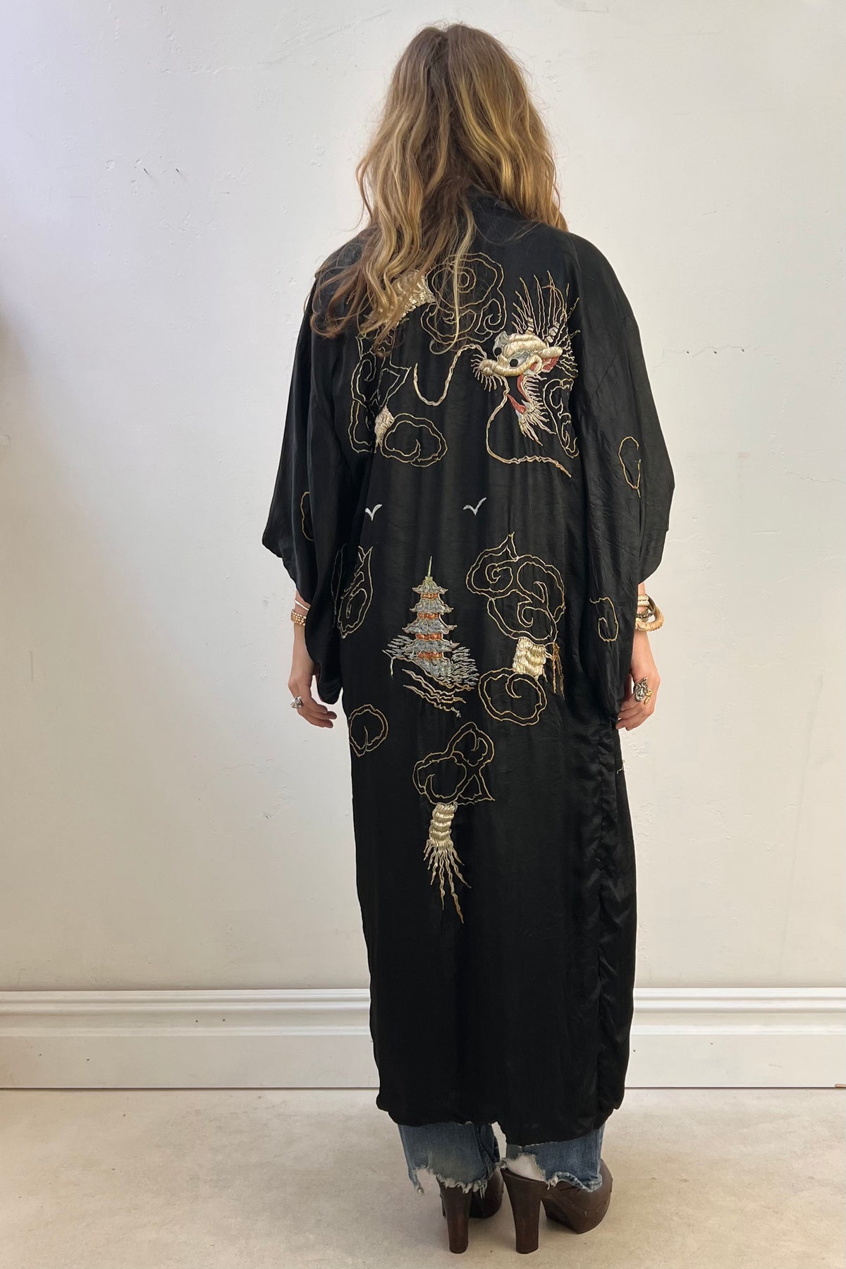Kimono Silk 1950s Hand Embroidered Golden Dragon Vintage