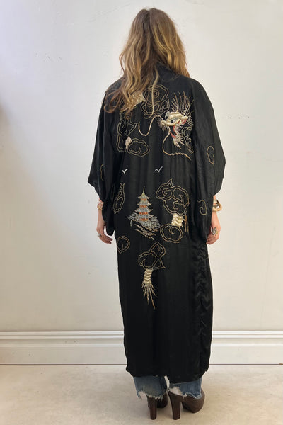 Kimono Silk 1950s Hand Embroidered Golden Dragon Vintage