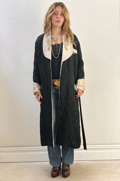 Souvenir Quilted Silky 1950s Hand Embroidered Dragons Japanese Maxi Jacket Vintage