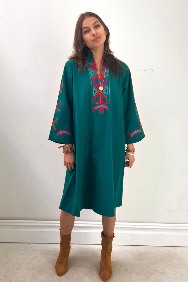 Vintage Hand Embroidered Emerald Josefa Dress, Cotton