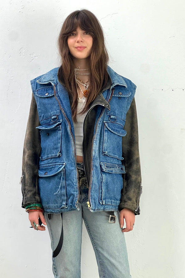 Vintage Quilted Denim Pockets Vest, Cotton