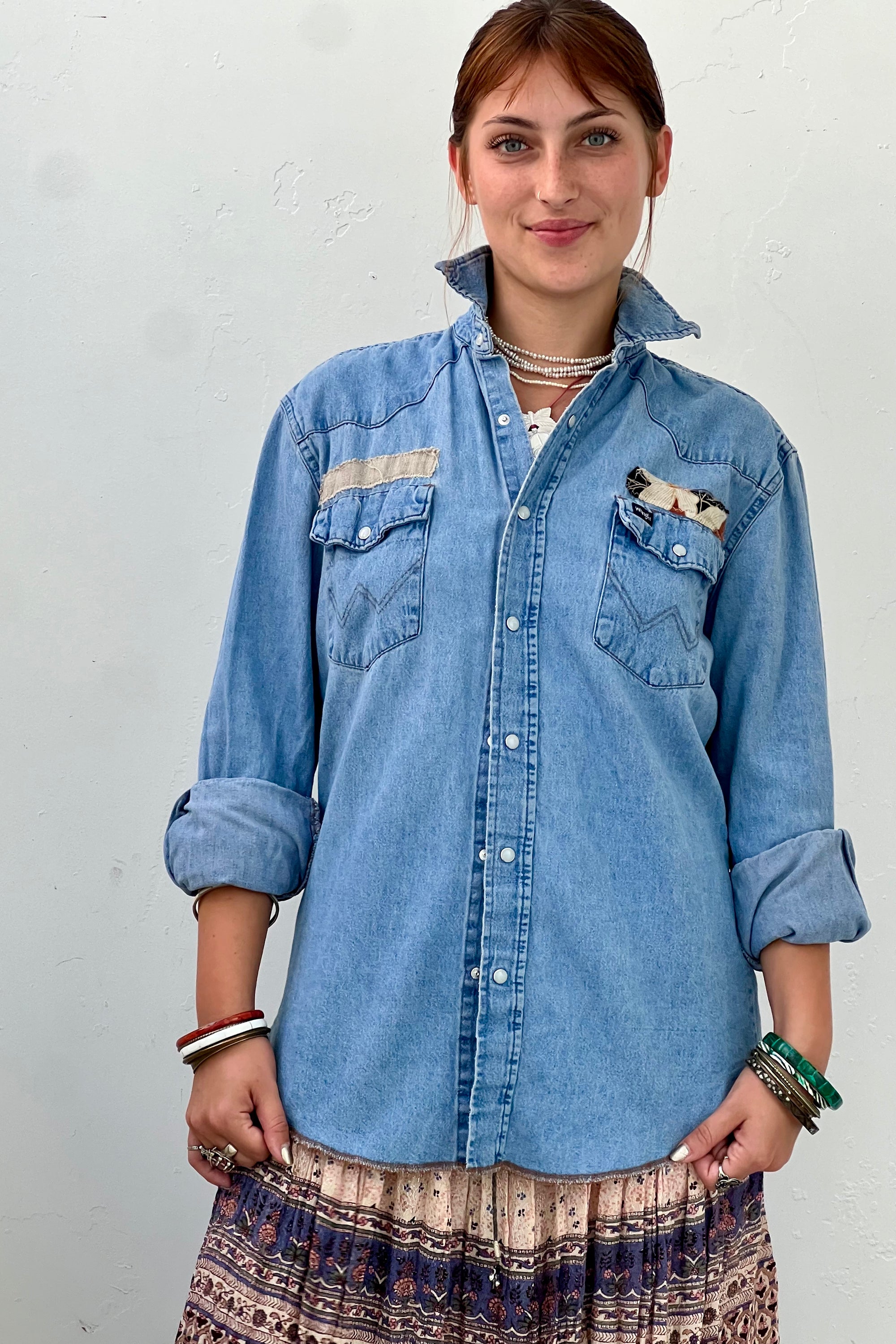 Anna Corinna Reworked Vintage Wrangler Mandala Snap Up Top