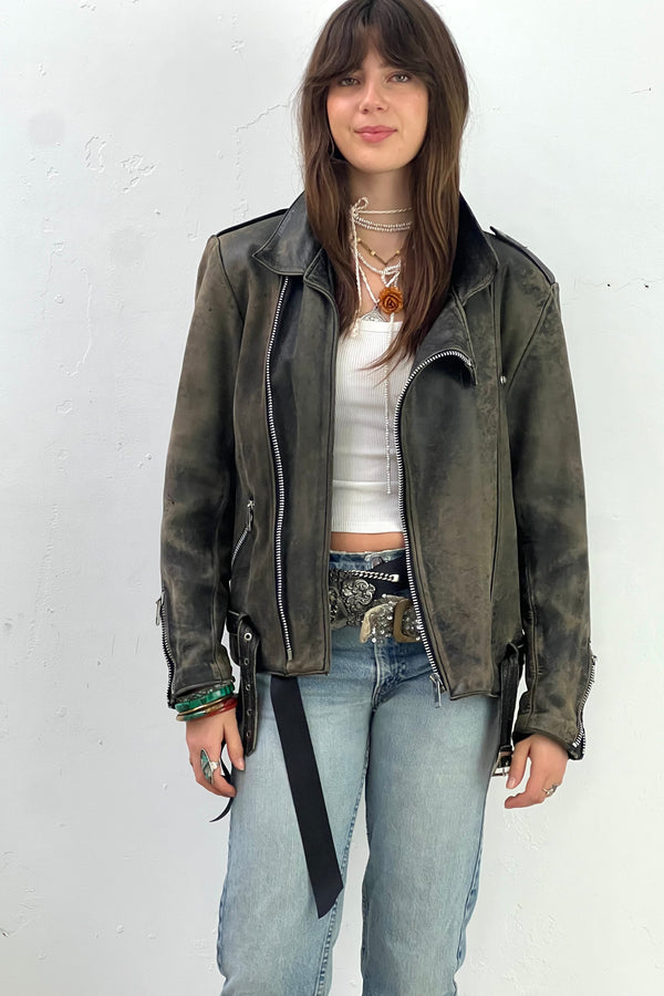 Vintage Thrashed Leather Biker Jacket, Leather