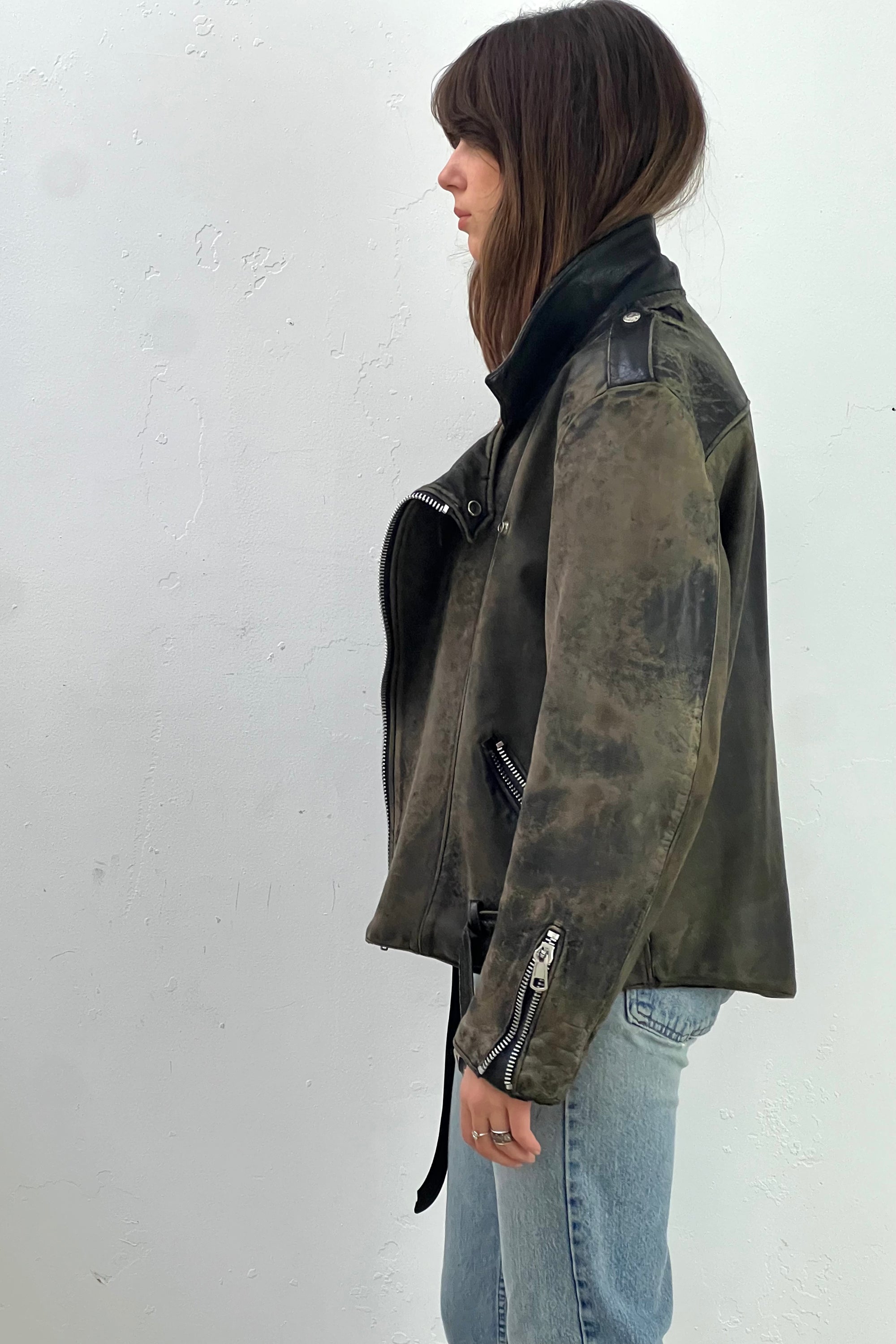 Vintage Thrashed Leather Biker Jacket Selected by Anna Corinna