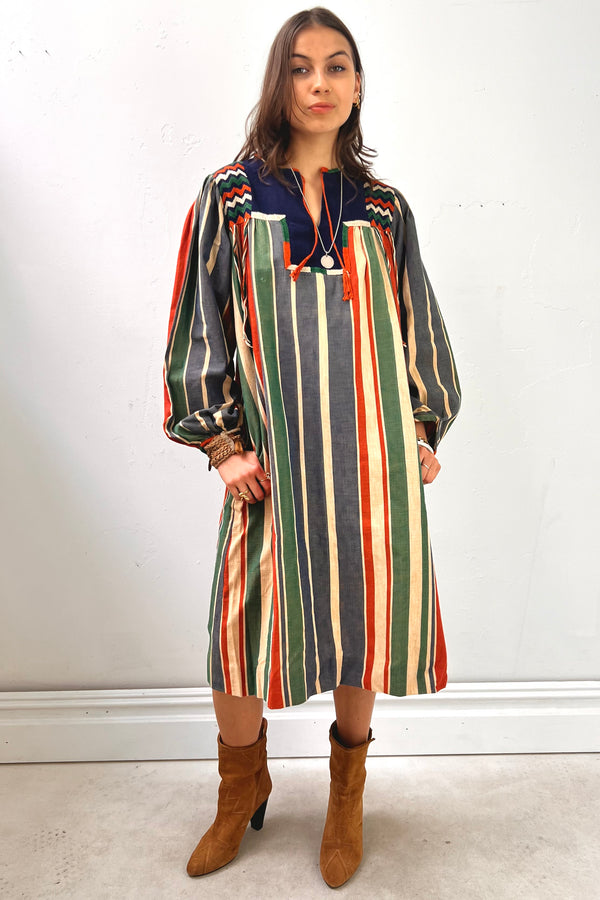 Vintage Hand Embroidered Stripe Josefa Dress, Cotton
