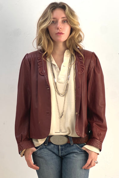 Jacket Leather 1980s Ruffle Collar Vintage