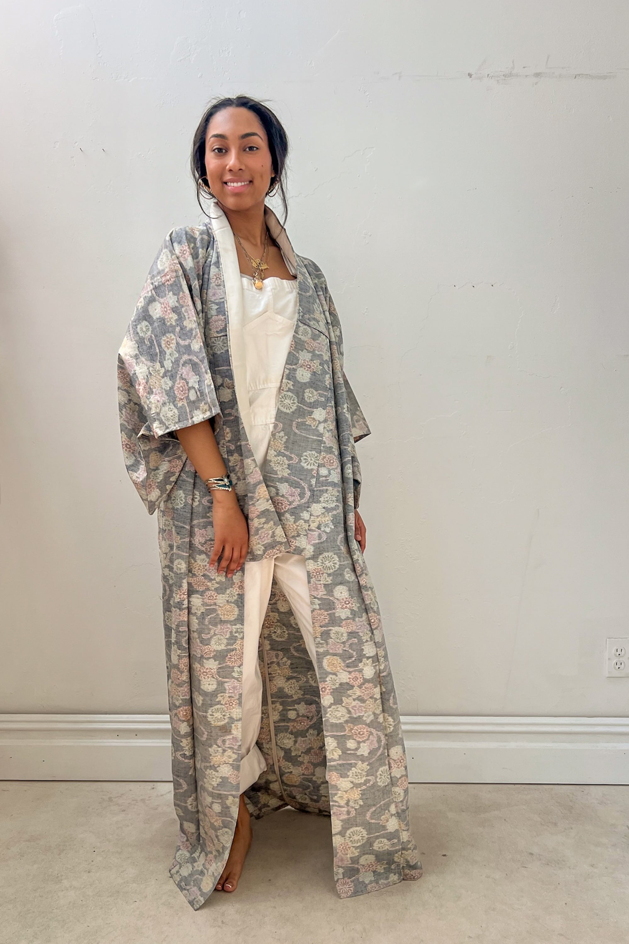 Vintage Woven Silk Flowers Kimono Selected by Anna Corinna