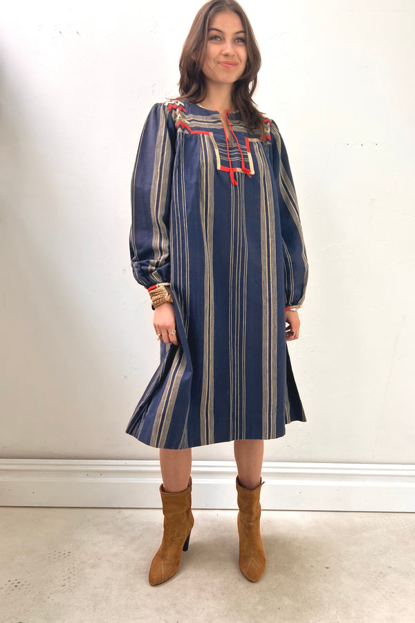 Vintage Josefa Hand Embroidered Navy Dress, Cotton