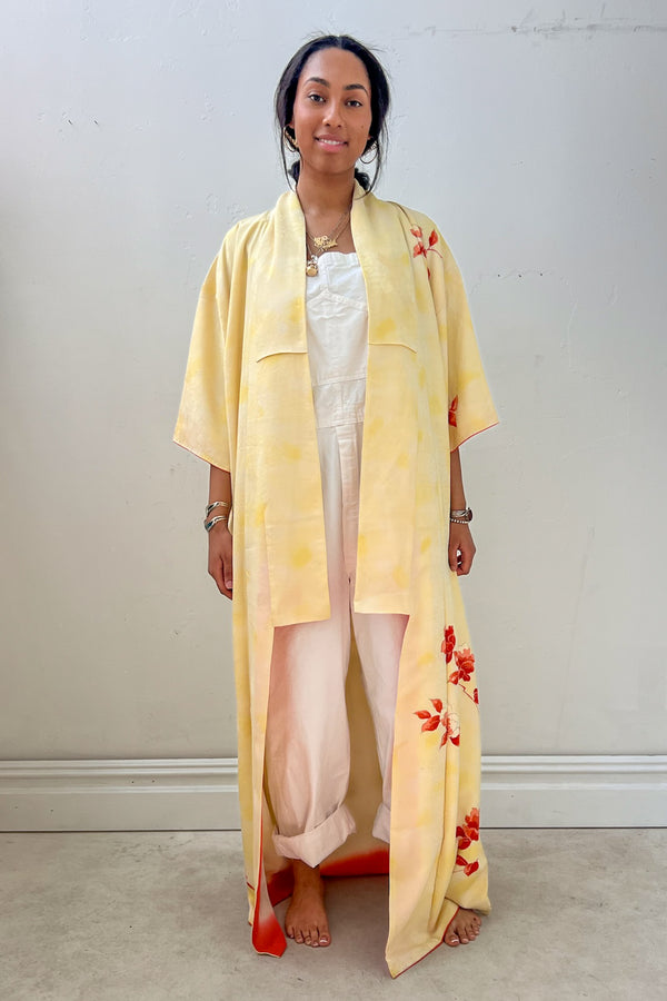 Vintage Sunny Lotus Silk Kimono, size L