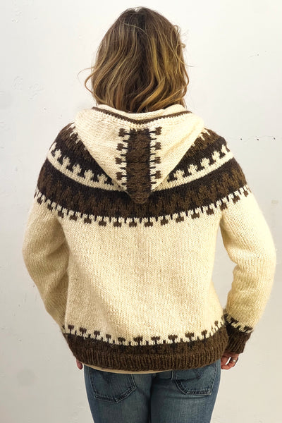 Fair Isle Wool 1980s Pure New Wool Sweater Made in Denmark Hooded Button Up Vintage