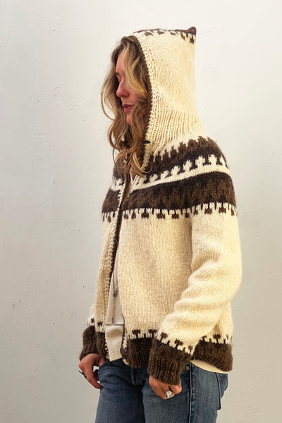 Fair Isle Wool 1980s Pure New Wool Sweater Made in Denmark Hooded Button Up Vintage
