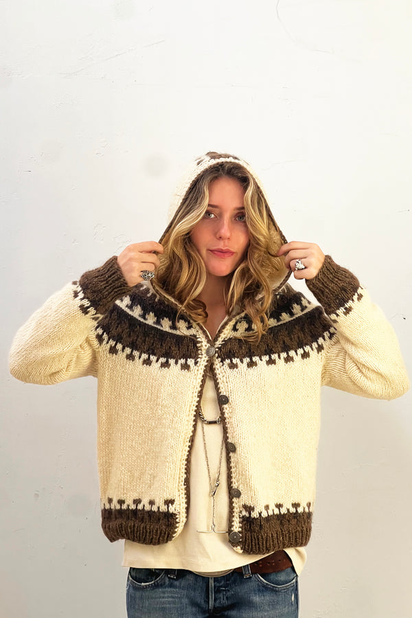 Fair Isle Wool 1980s Pure New Wool Sweater Made in Denmark Hooded Button Up Vintage