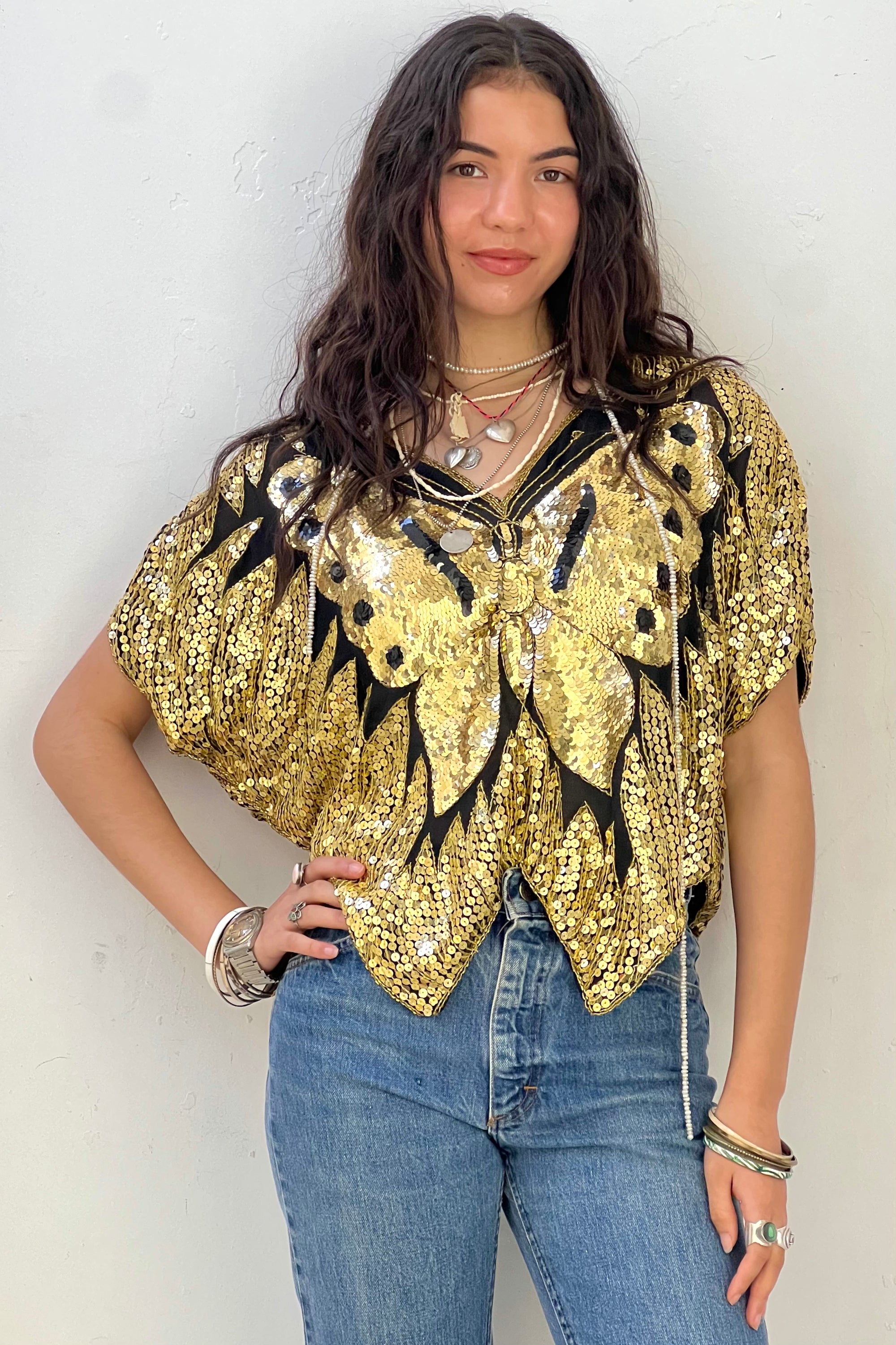 Vintage Silk Chiffon Butterfly Golden Sequin Top Selected by Anna Corinna