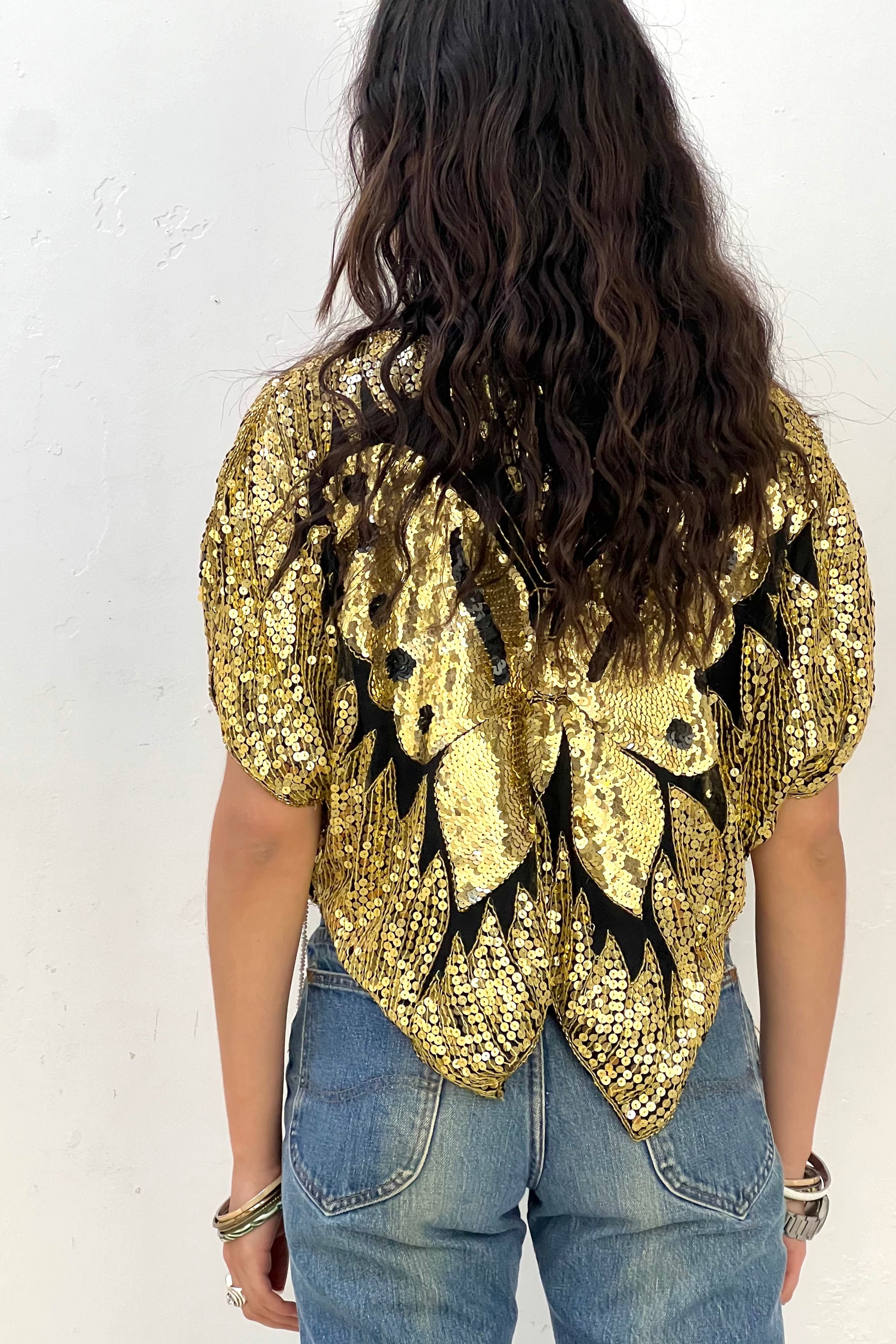 Vintage Silk Chiffon Butterfly Golden Sequin Top Selected by Anna Corinna