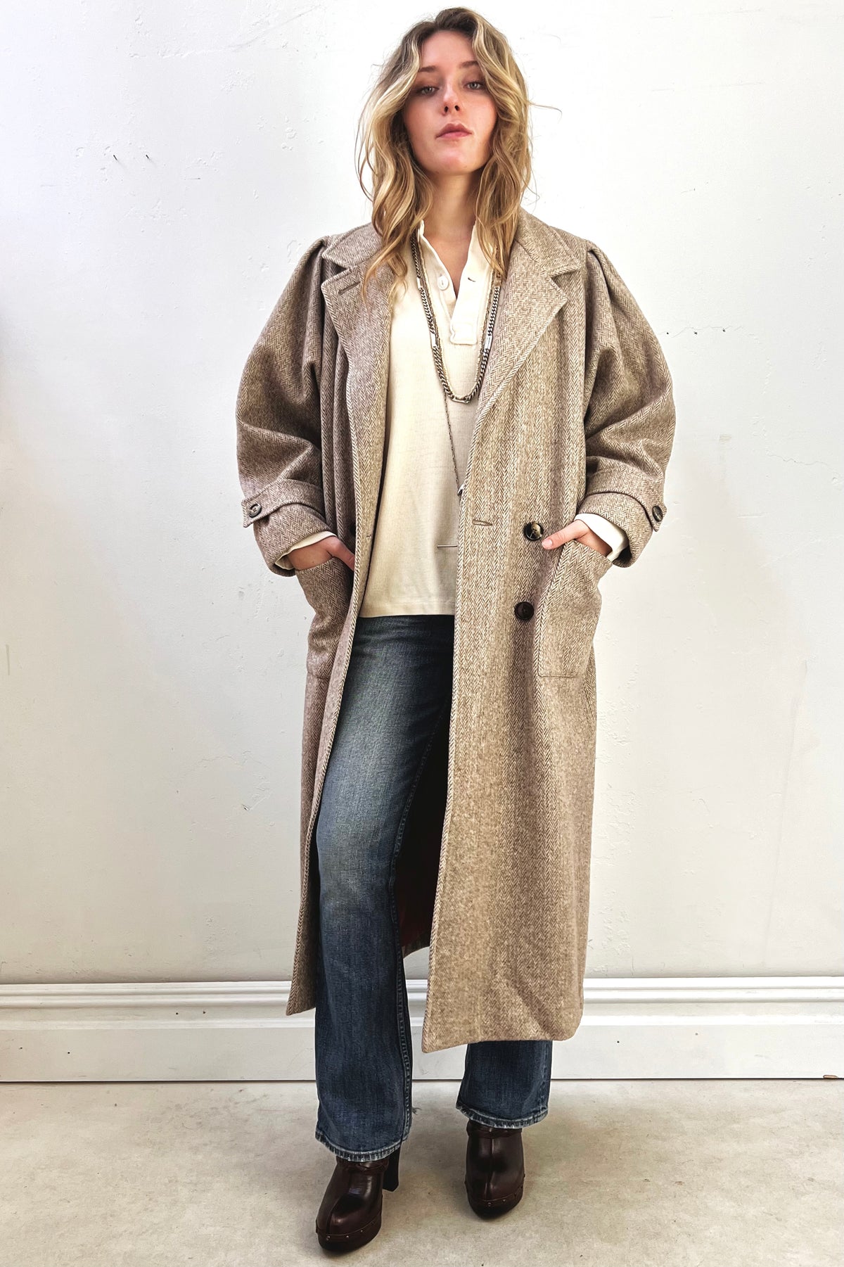 Coat Herringbone Wool 90s Amazing Maxi Vintage