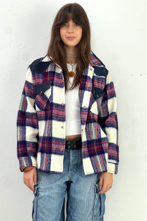 Vintage Suede Trim Plaid Snap Up Jacket, Acrylic and Leather Suede