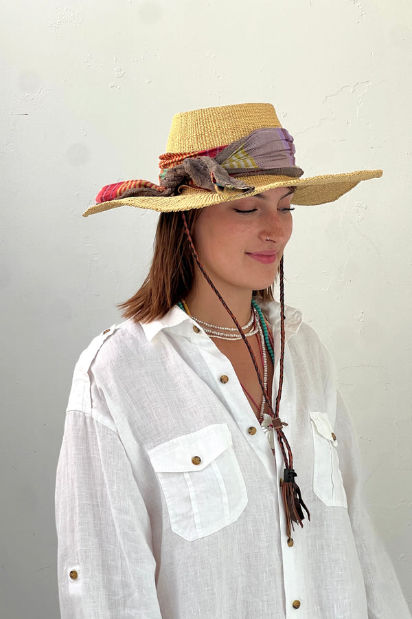 Anna Corinna Reworked Vintage Woven Straw Hat with Leather Tie