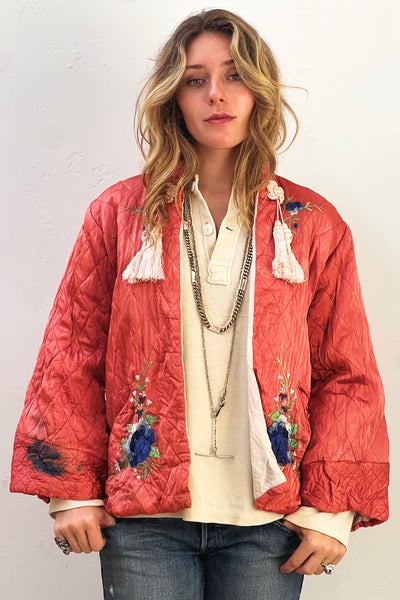 Souvenir Quilted Silky 1950s Hand Embroidered Flowers Japanese Jacket Vintage