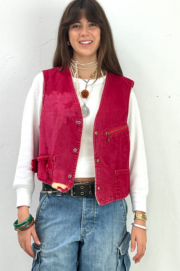 Vintage Thrashed Carter's Vest Reversible, Cotton outer, acrylic fur inside