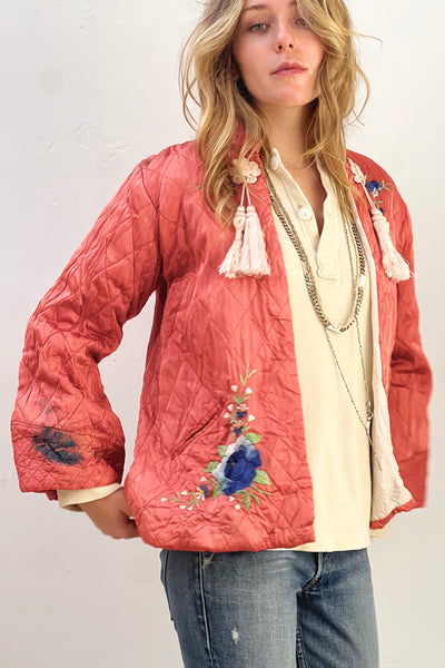 Souvenir Quilted Silky 1950s Hand Embroidered Flowers Japanese Jacket Vintage