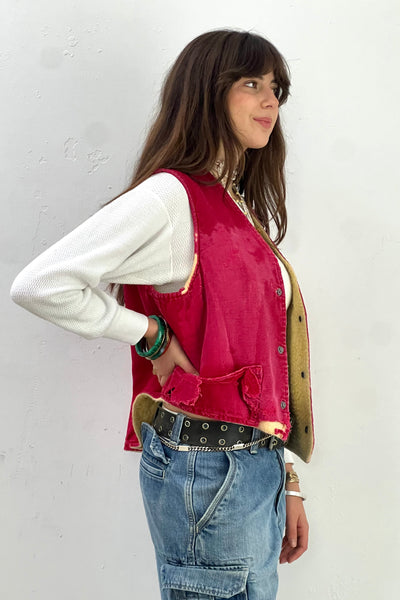 Vintage Thrashed Carter's Vest Reversible, Cotton outer, acrylic fur inside, view 3