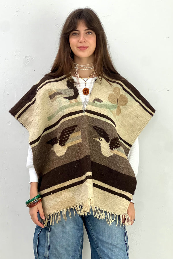 Anna Corinna Reworked Vintage Hand Woven Wool Birds Poncho, Wool