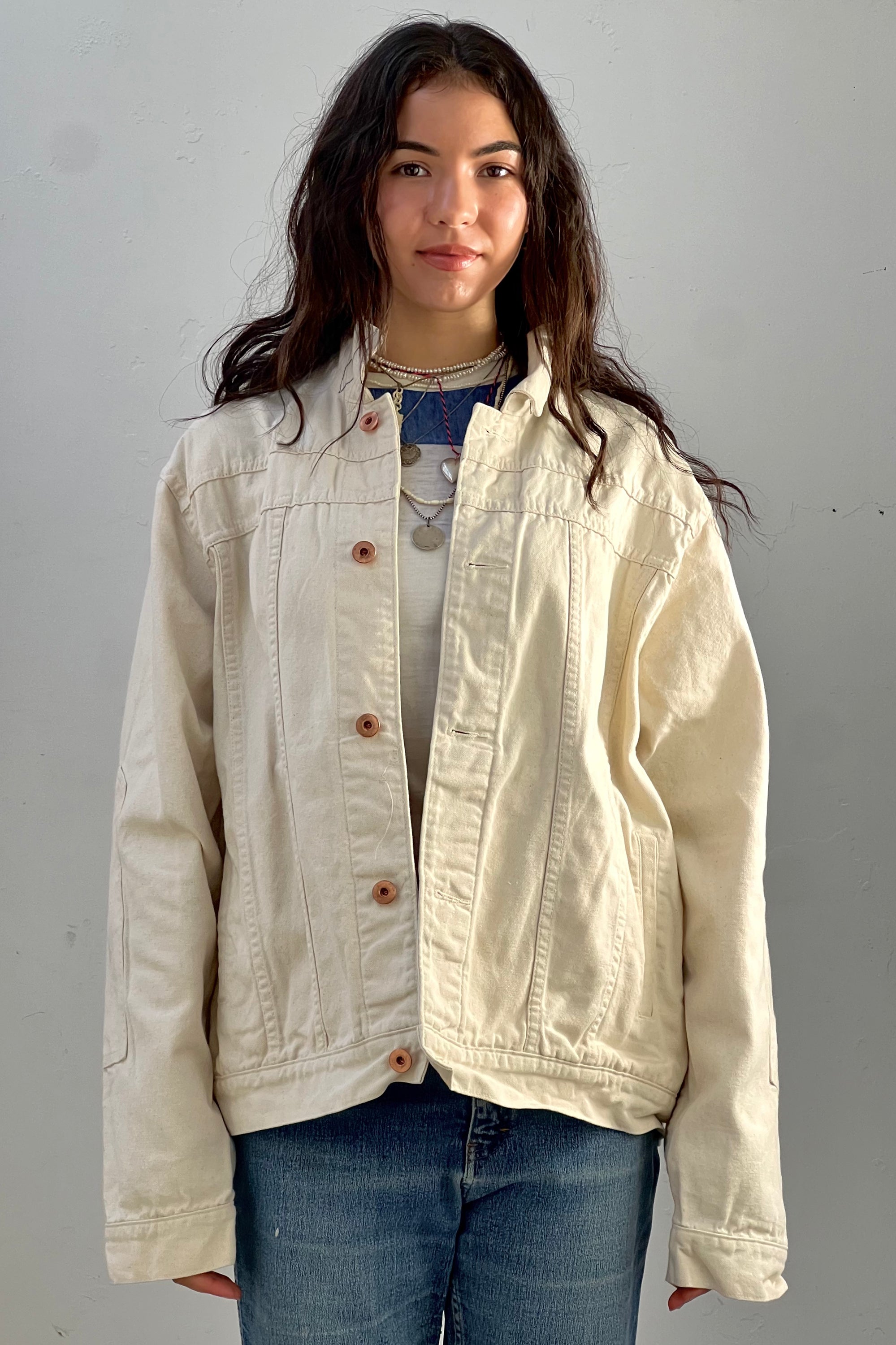 Anna Corinna Reworked Vintage Peacock Patch Ivory Jean Jacket