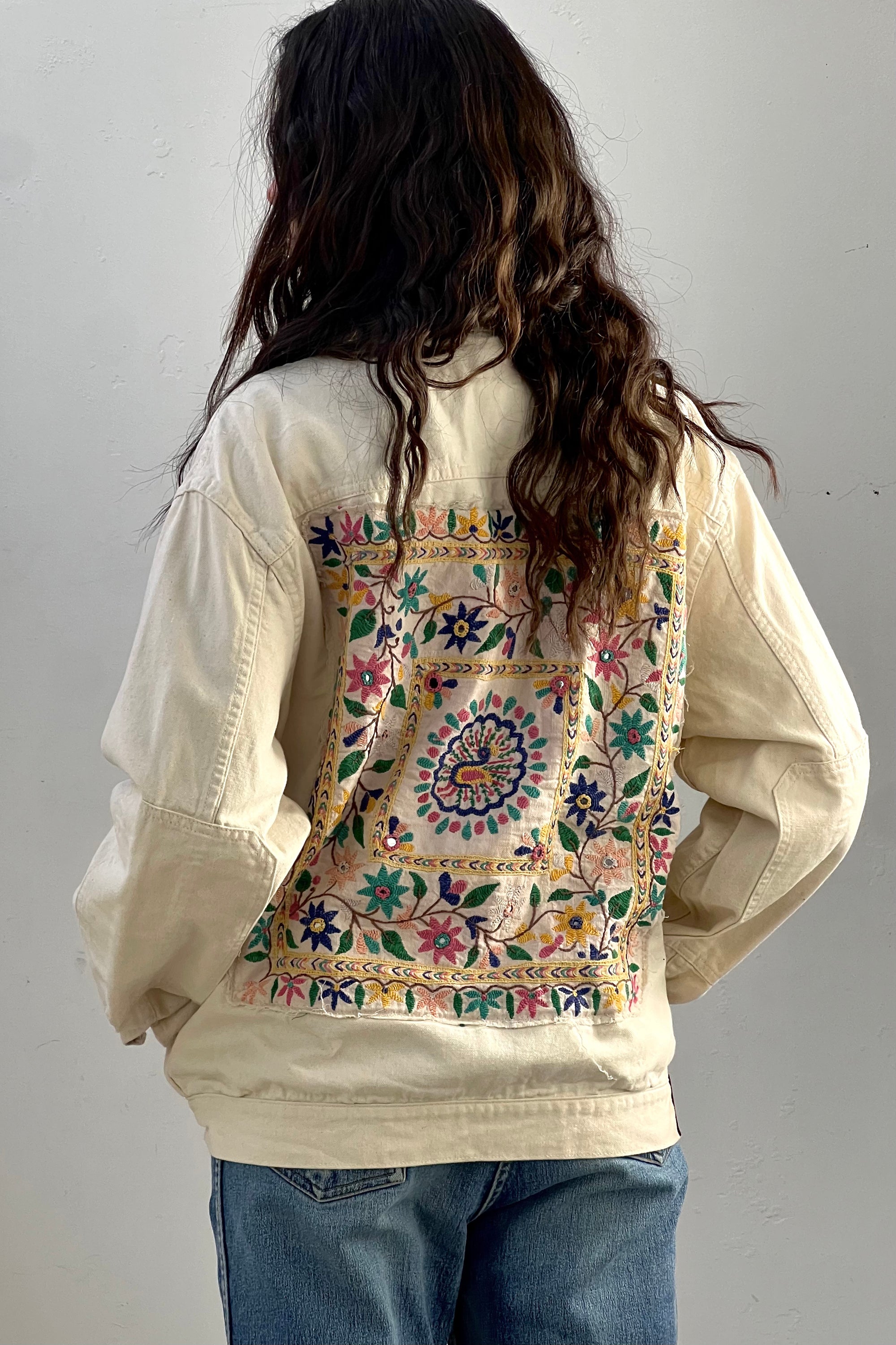 Anna Corinna Reworked Vintage Peacock Patch Ivory Jean Jacket