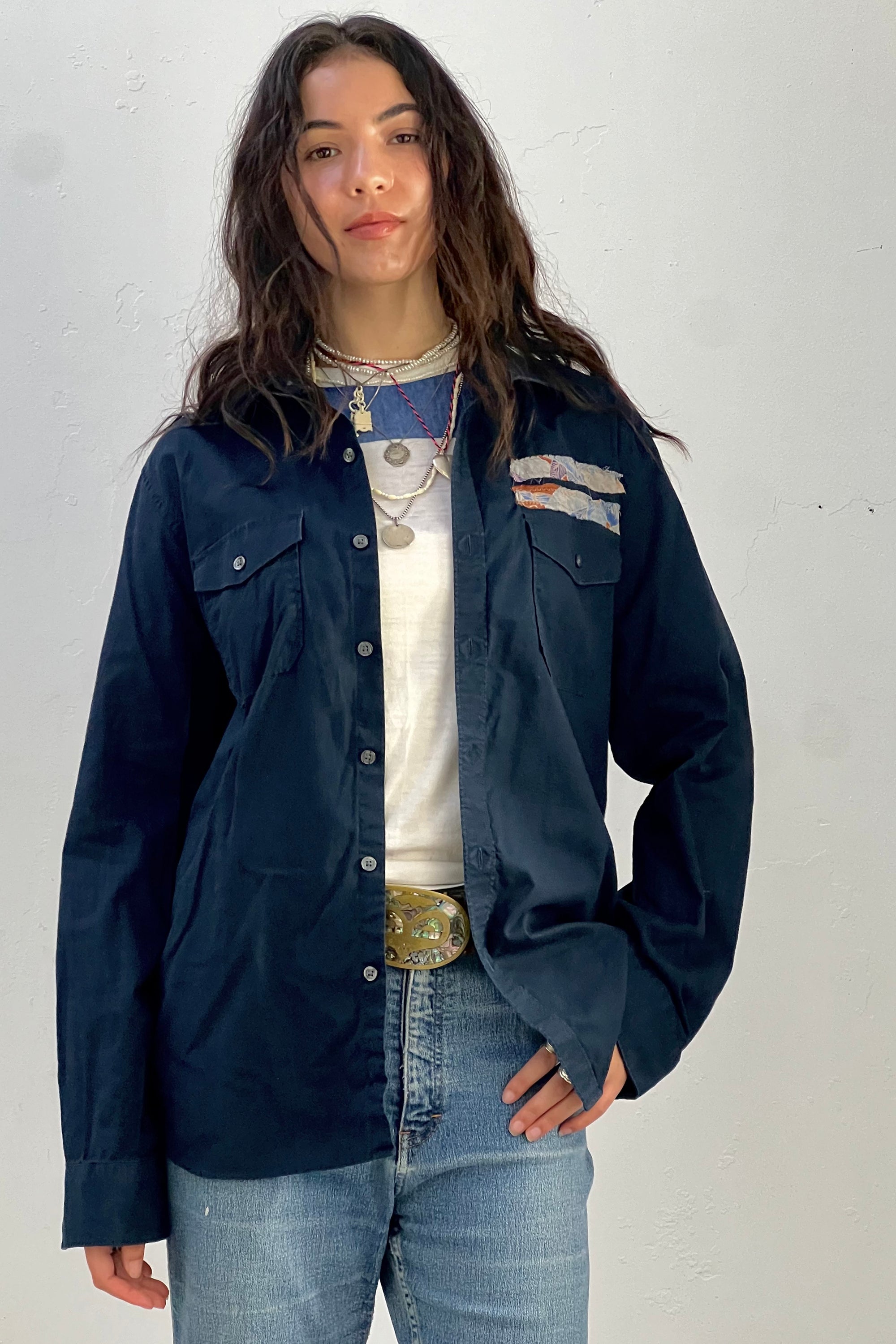 Anna Corinna Reworked Vintage Indigo Cranes Patch Shirt