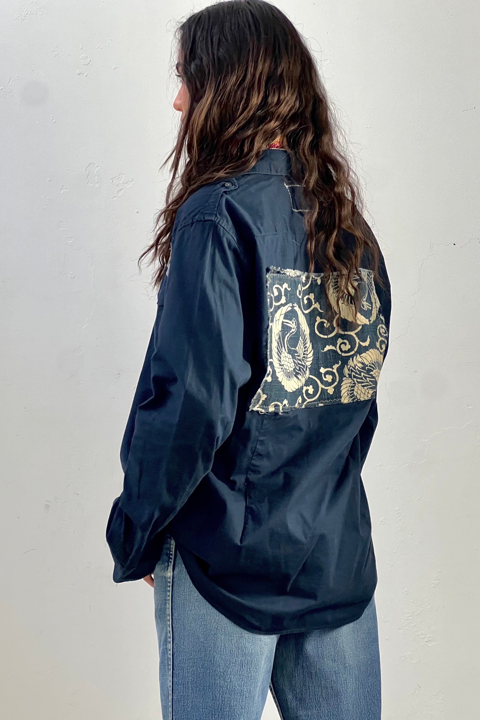 Anna Corinna Reworked Vintage Indigo Cranes Patch Shirt