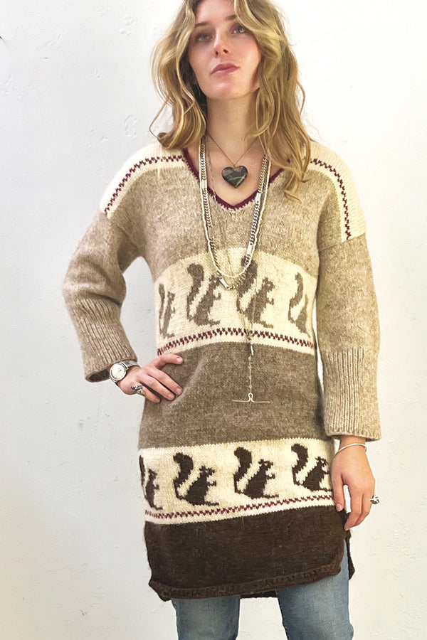 Sweater Dress Wool 2000s Squirrels Cozy Knit Vintage
