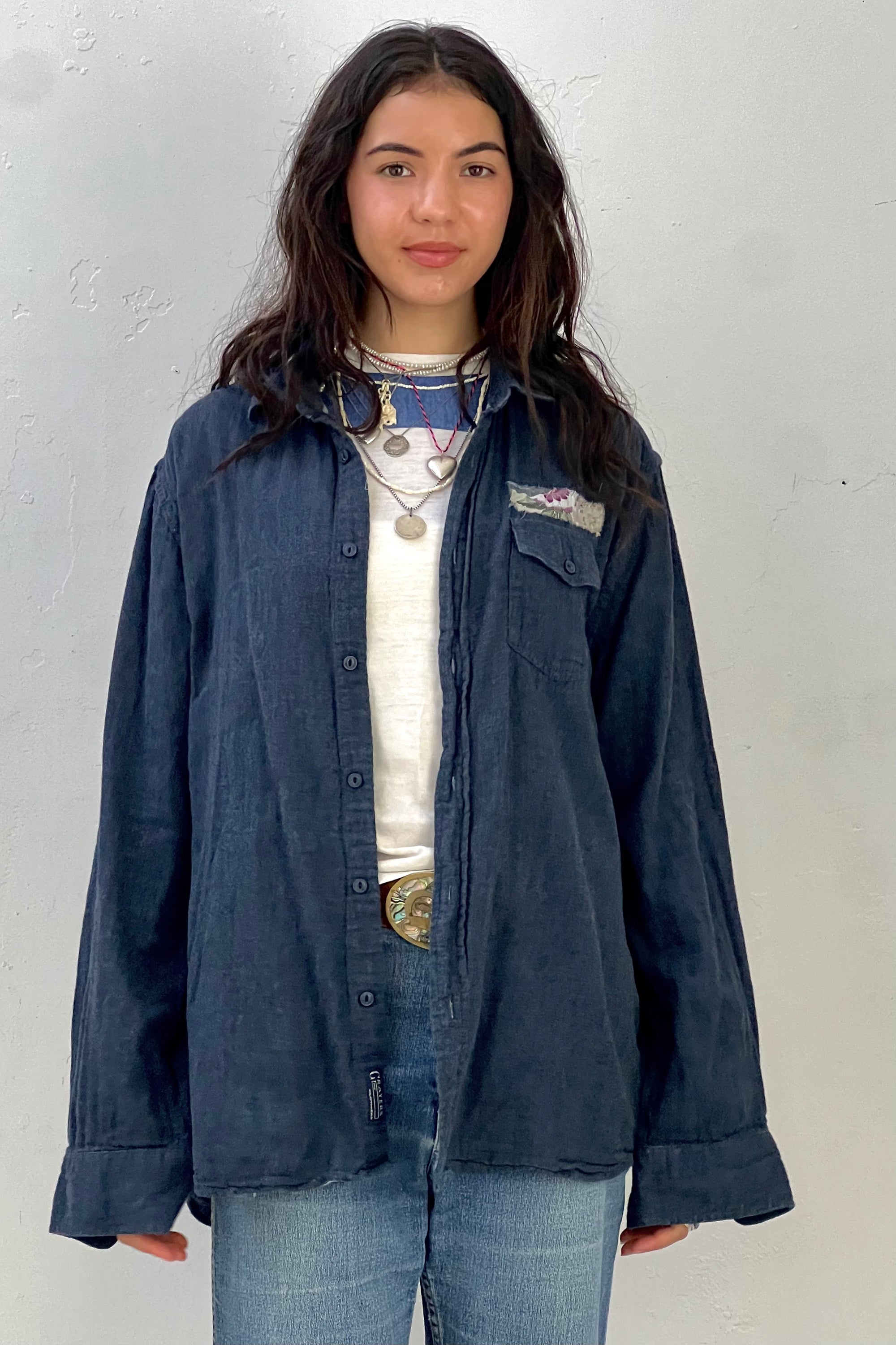 Anna Corinna Reworked Vintage Indigo Chrysanthamums Patch Shirt