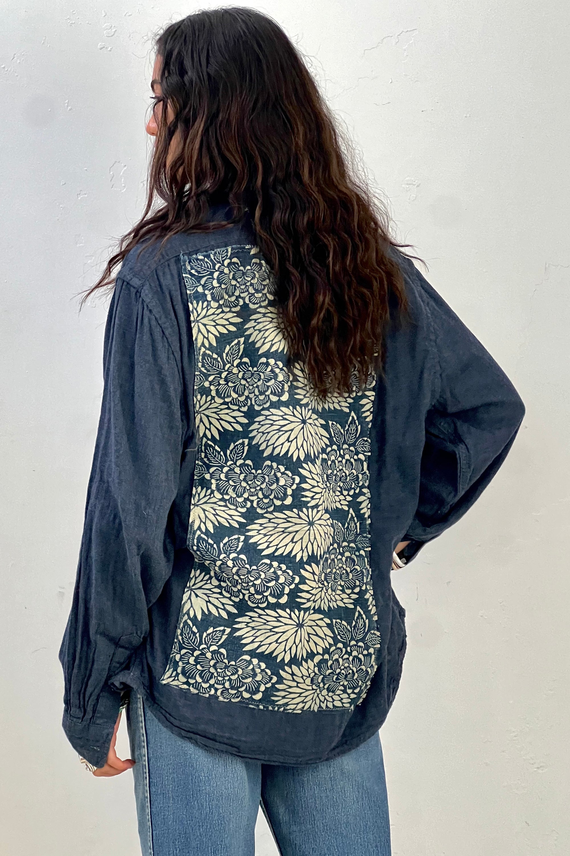 Anna Corinna Reworked Vintage Indigo Chrysanthamums Patch Shirt