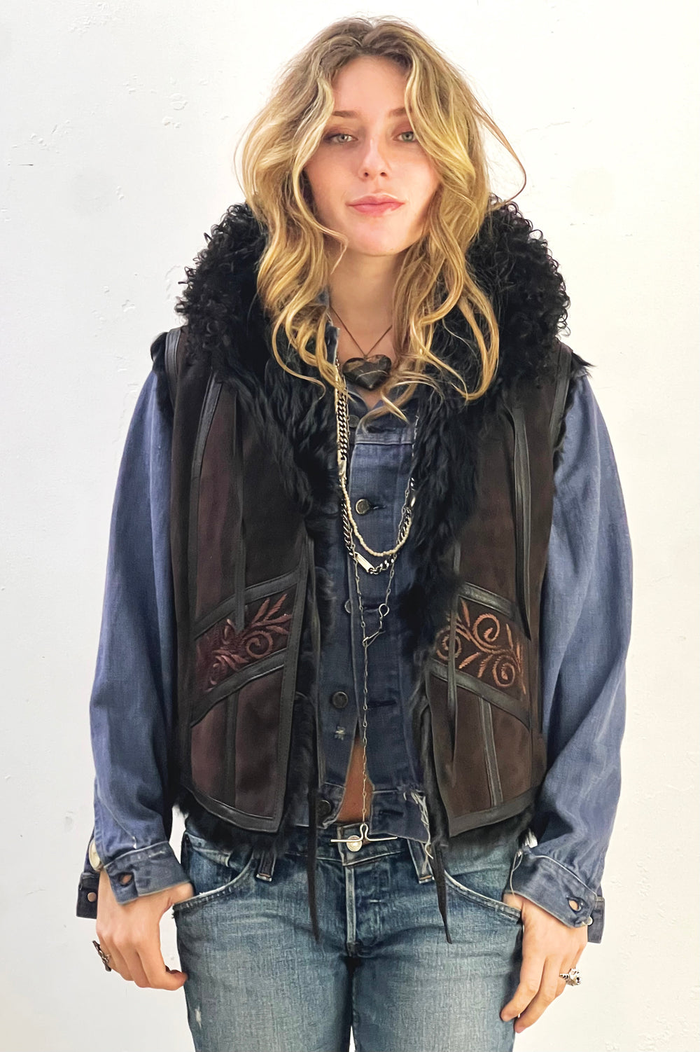 Vest Shearling 2000s Taupe Hand Embroidered Cotton and Fur Lined Vintage