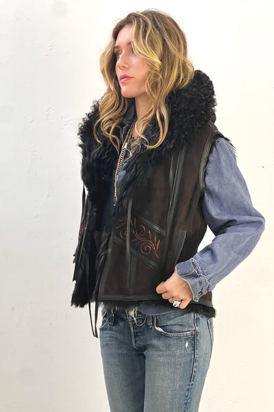 Vest Shearling 2000s Chocolate Hand Embroidered Fur Lined Hooded Vintage