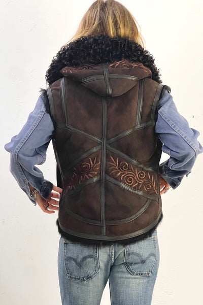 Vest Shearling 2000s Chocolate Hand Embroidered Fur Lined Hooded Vintage