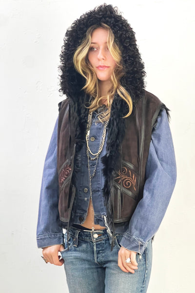 Vest Shearling 2000s Chocolate Hand Embroidered Fur Lined Hooded Vintage