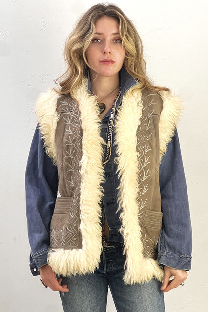 Vest Shearling 2000s Taupe Hand Embroidered Fur Lined Vintage