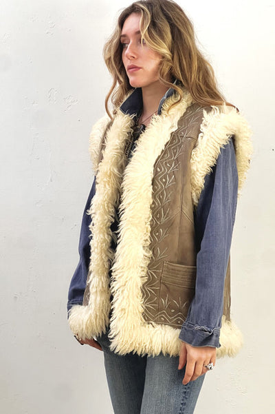 Vest Shearling 2000s Taupe Hand Embroidered Fur Lined Vintage
