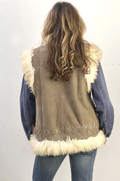 Vest Shearling 2000s Taupe Hand Embroidered Fur Lined Vintage